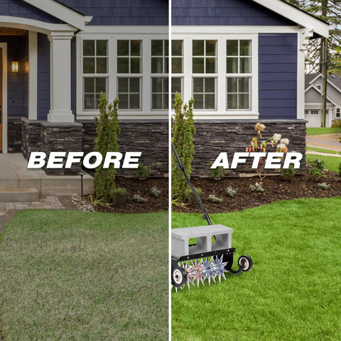 18-Inch Push Spike Lawn Aerator with Pro Grade Heavy Duty Rolling Design before and after lawn results showing enhanced grass, rotary aerator visible
