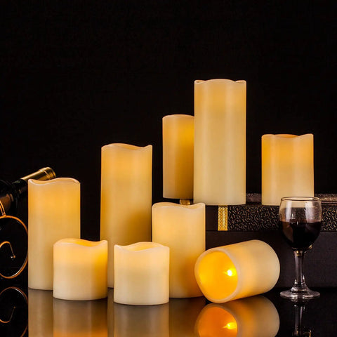 Nine Piece Flameless Candle Set With Real Wax Pillars In 3, 3, 4, 4, 5, 5, 6, 7, And 8 Inches, Battery Operated LED With Remote Timer