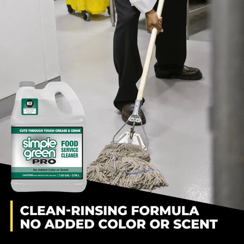 Pro Grade Food Service Cleaner And Degreaser For High Traffic Kitchens, Powers Through Grease And Food Residue, Easy On Routine Maintenance, NSF Registered A1 A2 A4 A8 B1 C1, 1 Gal bottle beside a person mopping floor