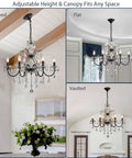 Black Finish Crystal Candle Candelabra Chandelier With Six Light LED Pendant Fixture in varied ceiling settings