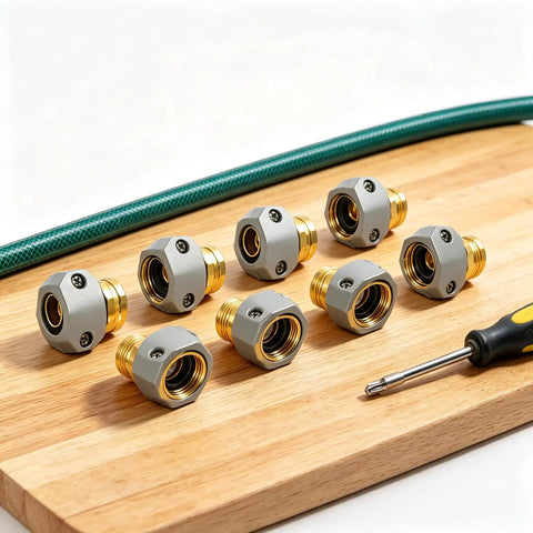 Rock Solid Garden Hose Repair Kit For 5/8 And 3/4 Inch Ends With Heavy Duty Aluminum Fittings And Zinc Clamps To Fix Leaks Fast On Taps Sprinklers And Outdoor Water Connections Like A Pro Now, seven hose connectors on wood board