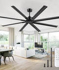 Massive 84 Inch Industrial Ceiling Fan With DC Motor, 8 Reversible Aluminum Blades, 3 Downrods, 6 Speed Remote in a modern room