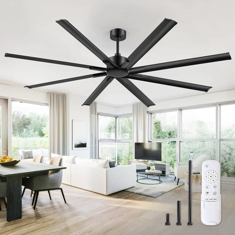 Massive 84 Inch Industrial Ceiling Fan With DC Motor, 8 Reversible Aluminum Blades, 3 Downrods, 6 Speed Remote in a modern room