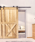 Rustic Black Single Track Bypass Sliding Barn Door Hardware Kit For Double Doors 42 Inch Wide By 84 Inch Tall 7 Ft Flat Track