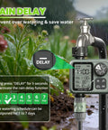 Smart Garden Sprinkler Timer For Hose Systems With Rain Delay And Auto Watering, Installed on Tap, Display Screen Showing Settings