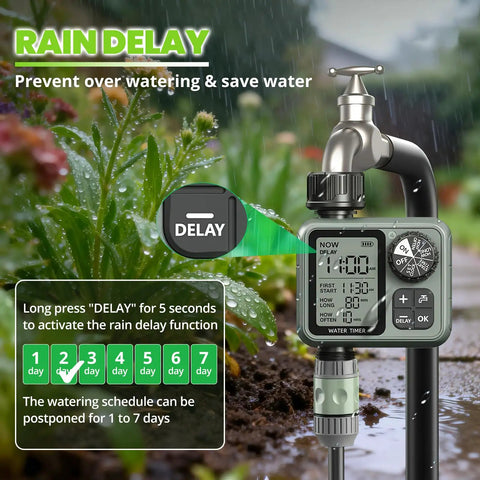 Smart Garden Sprinkler Timer For Hose Systems With Rain Delay And Auto Watering, Installed on Tap, Display Screen Showing Settings