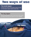 Travel Neck Pillow With Built In Two Way Hood And Stuffable Pocket Turns Pillow Into Extra Carry On Luggage Cotton Light Blocking Navy Lightweight Comfort For Long Hauls And Air Travel, open zipper view