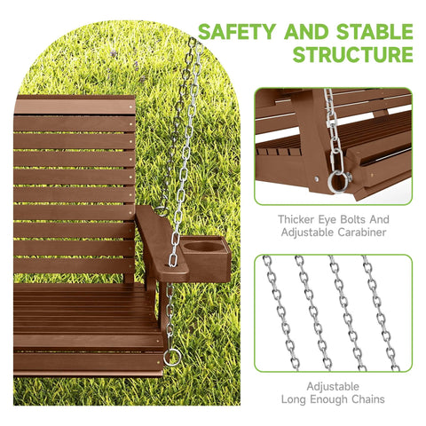 Two Seater Front Porch Swing With Cupholders Wooden Outdoor Swing Bench showing safety chains and thick eye bolts