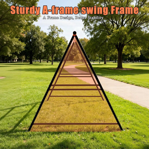 Front view of A-Frame Swing Stand For Hammock Chair, Heavy Duty Steel Frame Supports Up To 440 Lbs in a park setting