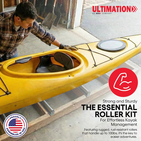 Tough 10 Inch Roller Bracket Set Galvanized Steel 1.5 Inch Diameter holding a yellow kayak for easy loading.