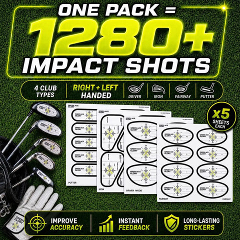 Impact Tape For All Golf Clubs Easy Peel Contact Labels shown with label sheets and golf clubs.
