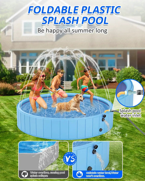 2-In-1 Dog Pool And Splash Pad For Backyard Fun, Non Slip Thick PVC, Extra Large 63-Inch Wide Pool For Big Dogs And Kids