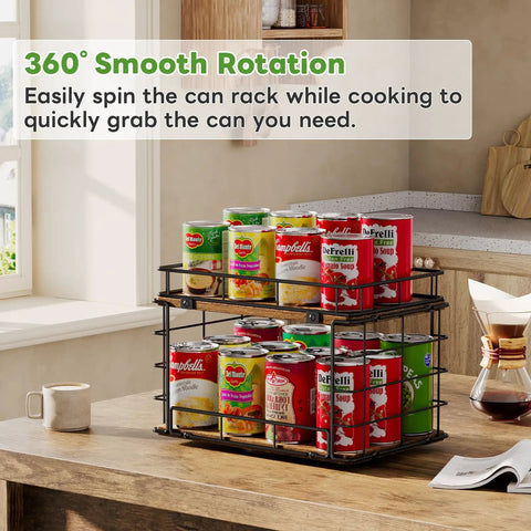 360 Degree Rotating Lazy Susan Can Organizer For Pantry Storage, Holds Twenty Six Cans, Black Smooth Spin Kitchen Rack with stacked cans on a wooden table.
