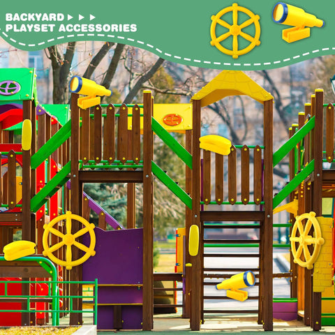 Pirate Ship Steering Wheel And Telescopes 3 Pack For Kids Plastic Swingset Accessories in yellow on a playhouse
