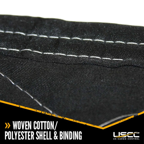 Close-up of US Cargo Control 80X72 Inch Heavy Duty Moving Blankets Thick Padded Furniture Padding Protective Wrap For Moving And Shipping Machine Washable Cotton Polyester Blend Black Commercial Grade fabric showing woven cotton and polyester shell.
