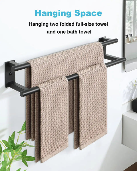 Double Layer 24 Inch Wall Mount Towel Rack In Matte Black SUS304 Stainless Steel Towel Hanger With Thickened Pipe