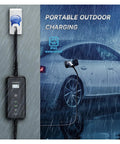 No Hassle Plug And Play Heavy Duty Portable Electric Vehicle Charger With Type Two Cable And J1772 Adapter 32 Amps 7 Kw Cee Plug IP67 Waterproof EV Charging Station Weekender Ready used outdoors in rain.