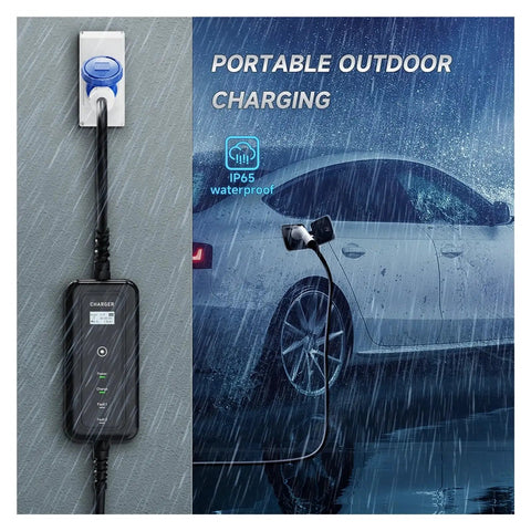 No Hassle Plug And Play Heavy Duty Portable Electric Vehicle Charger With Type Two Cable And J1772 Adapter 32 Amps 7 Kw Cee Plug IP67 Waterproof EV Charging Station Weekender Ready used outdoors in rain.