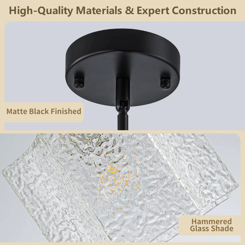 BOKUNOFU Glass Pendant Light Kitchen Island, close-up of hammered glass shade with matte black fixture and visible bulb.