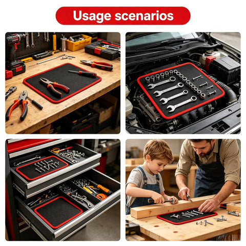 Flexible Magnetic Tool Mat Set For Mechanics And Garage Pros Non Slip Magnetic Tray Holds Screws Nuts Bolts And Small Metal Parts Large 12.8 By 9.64 Inches Heavy Duty Mats For Car Repair And DIY Projects. on workbench with pliers and screws