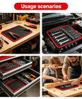 Three Piece Flexible Magnetic Tool Mat Set For Mechanics And DIYers In Car Repair Heavy Duty Magnetic Trays That Hold Screws Nuts Bolts And Small Metal Parts Non Slip Workbench Mats In Small Medium And Large Sizes on bench, engine bay, drawer, and woodworking use