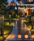 Modern Black LED Pathway Lights Sleek Cone Bollards Heavy Duty Aluminum Housing IP65 Waterproof Outdoor Walkway Lamps illuminating a garden path at dusk.