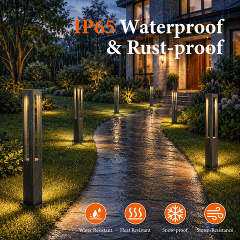 Modern Black LED Pathway Lights Sleek Cone Bollards Heavy Duty Aluminum Housing IP65 Waterproof Outdoor Walkway Lamps illuminating a garden path at dusk.