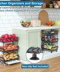 Three Tier Rolling Pantry Cart With Wheels, Stackable Wire Baskets For Pantry Shelves in a kitchen setup