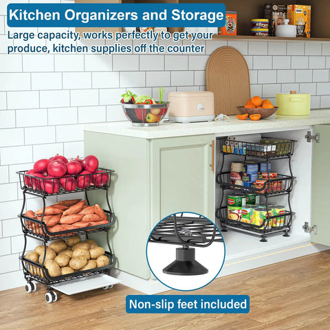 Three Tier Rolling Pantry Cart With Wheels, Stackable Wire Baskets For Pantry Shelves in a kitchen setup