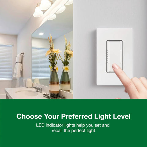 Person adjusting Maestro LED Dimmer Switch For Dimmable LED, Halogen, And Incandescent Bulbs, 150W, White MACL-153M-WH in bathroom