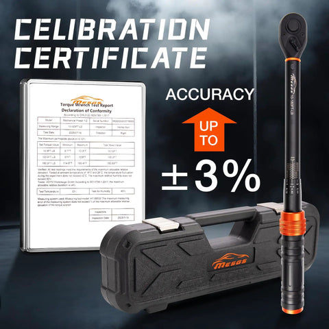 Half Inch Drive Torque Wrench Workhorse With Dual Scale Readout 10-180 Ft Lb And 13.6-244 Nm, case, and certificate displayed.