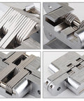Close-up of Hidden Door Hinges Two And Three Eighths Inch Concealed Cross Hinges Zinc Alloy 180 Degree Swing 8 Pack