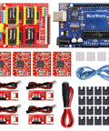 Badass V3.0 CNC Shield Expansion Board With A4988 Stepper Drivers, DC Power Cable, and jumpers for 3D printer control rig.