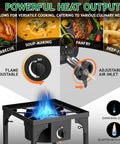 Beefy 75,000 BTU Dual Burner Portable Gas Camp Stove showcasing flame control and adjustable air inlet for outdoor cooking