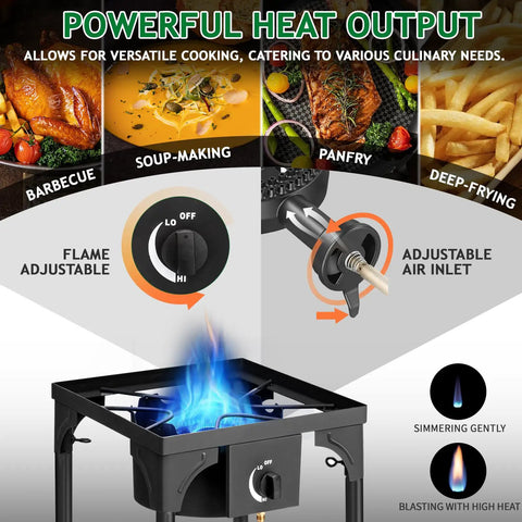 Beefy 75,000 BTU Dual Burner Portable Gas Camp Stove showcasing flame control and adjustable air inlet for outdoor cooking