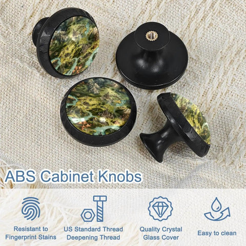 Four Pack Black Map Block Cabinet Pulls with multicolored map design, matte black hardware on fabric