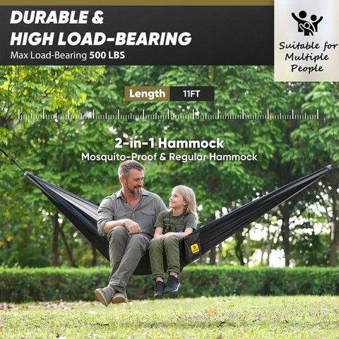 Father and child using Bug Free Camping Hammock With Mosquito Net 500 Lb Capacity Includes Tree Straps 2 In 1 Double Or Single Setup