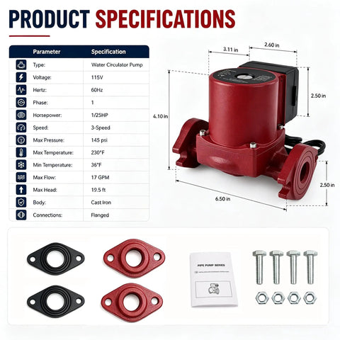 Reliable Replacement Water Circulator Pump For Baseboard Heat 115V Power Fractional Hp Motor specifications with flanged connections and cast iron body.