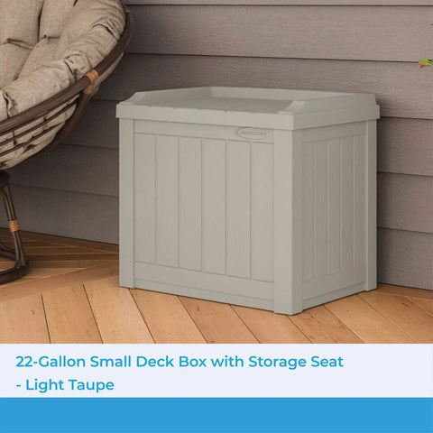 Outdoor Storage Box 22 Gallon Light Taupe Resin Deck Box With Built In Seat Weatherproof Patio Storage Bin on deck