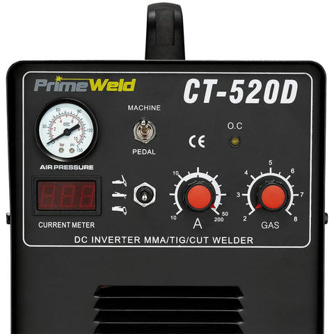 Front panel controls of 3-In-1 50 Amp Plasma Cutter, 200 Amp TIG Welder And 200 Amp Stick Welder, Workhorse Welding And Cutting Combo