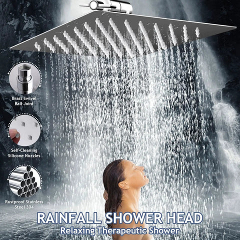 Massive 10 Inch Rain Shower Head and 5 Settings High Pressure Handheld Shower System in Chrome with water flow shown