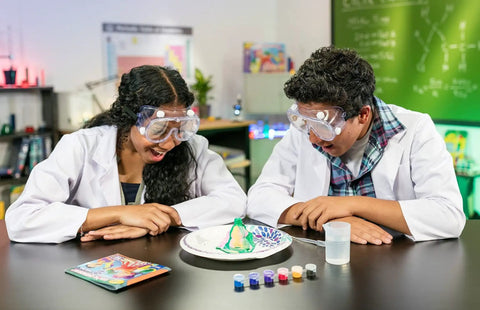 Children using Color Chemistry Kit With 50 Experiments For Kids STEM Science Toy For Boys And Girls Ages 7 8 9.
