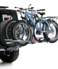 Dope 2-Bike Hitch Rack For Car With Quick Release Handle and Smart Tilting holding two fat-tire bikes on a black SUV