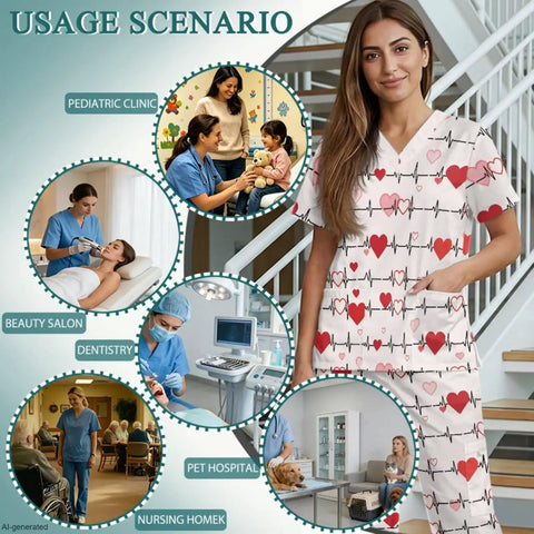 Woman in Heart Stethoscope Print Scrub Set For Women Three Piece V Neck Top Straight Leg Pants Cap Nurse Uniform All Day Comfort