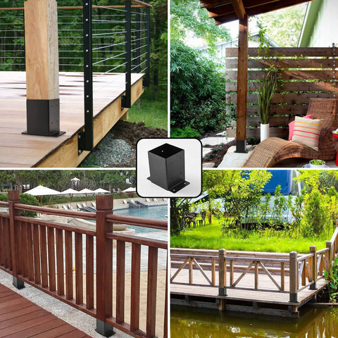 Collage of decks and porches using Heavy Duty 4x4 Post Base Brackets With Inner 3.6x3.6 Opening Black Powder Coated Steel Fence Post Anchors