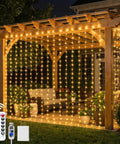 Warm White 300 LED Curtain Lights With 10 Strands, 9.8Ft By 9.8Ft Fairy String Lights For Bedroom And Window Wall Decor, 8 Modes With Memory Function, Plug In Not Connectable, Great For Christmas Parties And Weddings illuminating wooden pergola