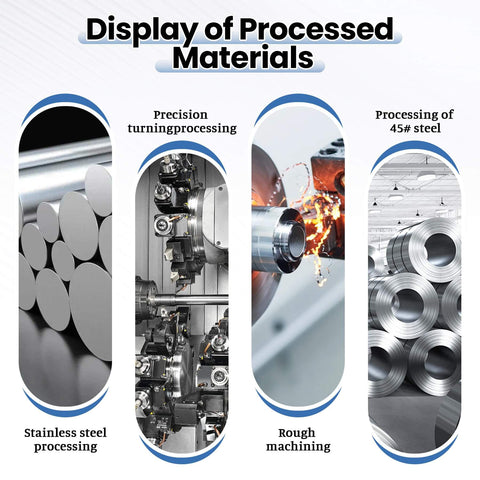 Display of processed materials: stainless steel rods, precision turning machines, rough machining, 45# steel coils.