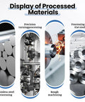 Display of processed materials including stainless steel processing, precision turning, rough machining, and 45# steel processing.