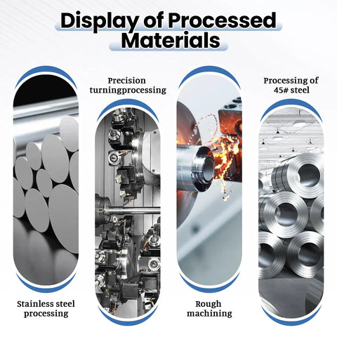 Display of processed materials including stainless steel processing, precision turning, rough machining, and 45# steel processing.