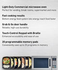 NE 1054F Grab And Go Ready Compact Light Duty Countertop Commercial Microwave Oven with food trays and features listed